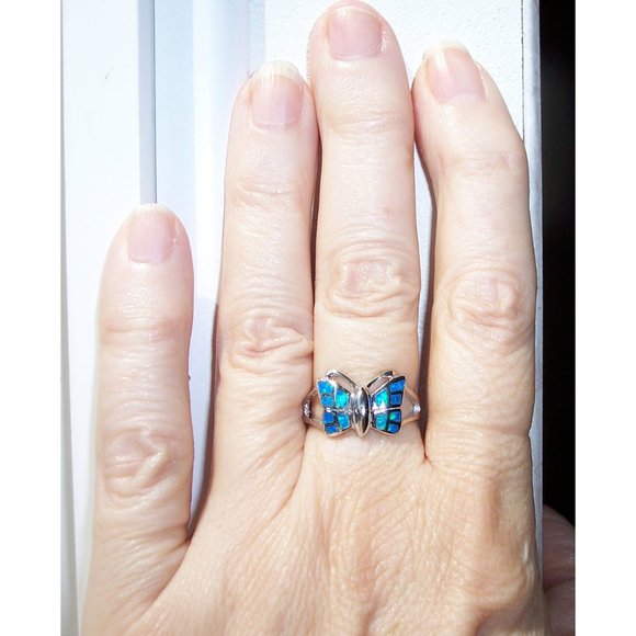 .925 STERLING SILVER Lab Created Blue Fire Opal Inlay Butterfly Ring - Picture 2 of 13